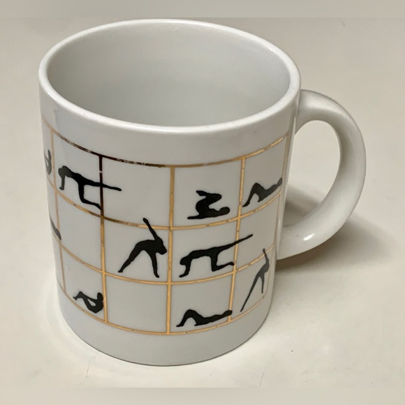 1980s Vintage Gold Trim Lattice Ceramic Yoga Poses Aerobic Exercise Coffee Mug - Picture 8 of 16